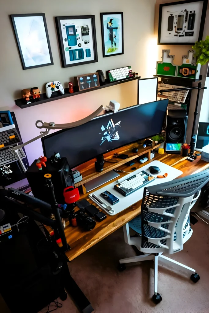 Curved monitor desk setup with wooden desk, mechanical keyboard, white ergonomic chair, and wall art with collectibles.