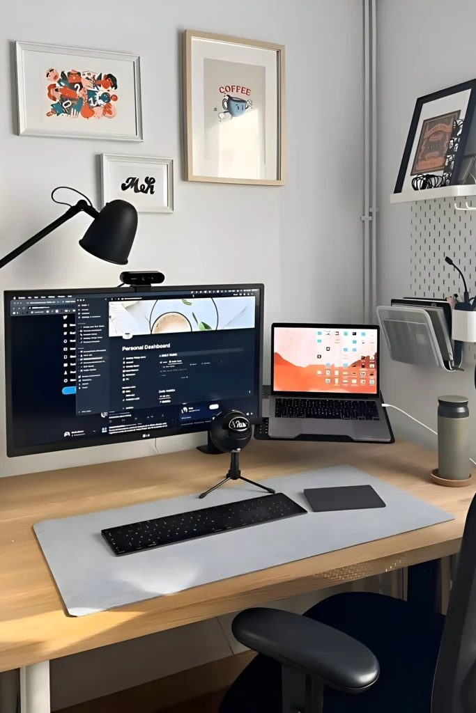 Minimalist desk setup with wooden desk, dual screens, desk mat, framed art, and microphone for video calls.