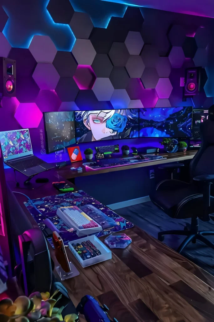 Gaming desk setup with RGB lighting, triple monitors, hexagonal LED wall panels, mechanical keyboard, and gaming chair.