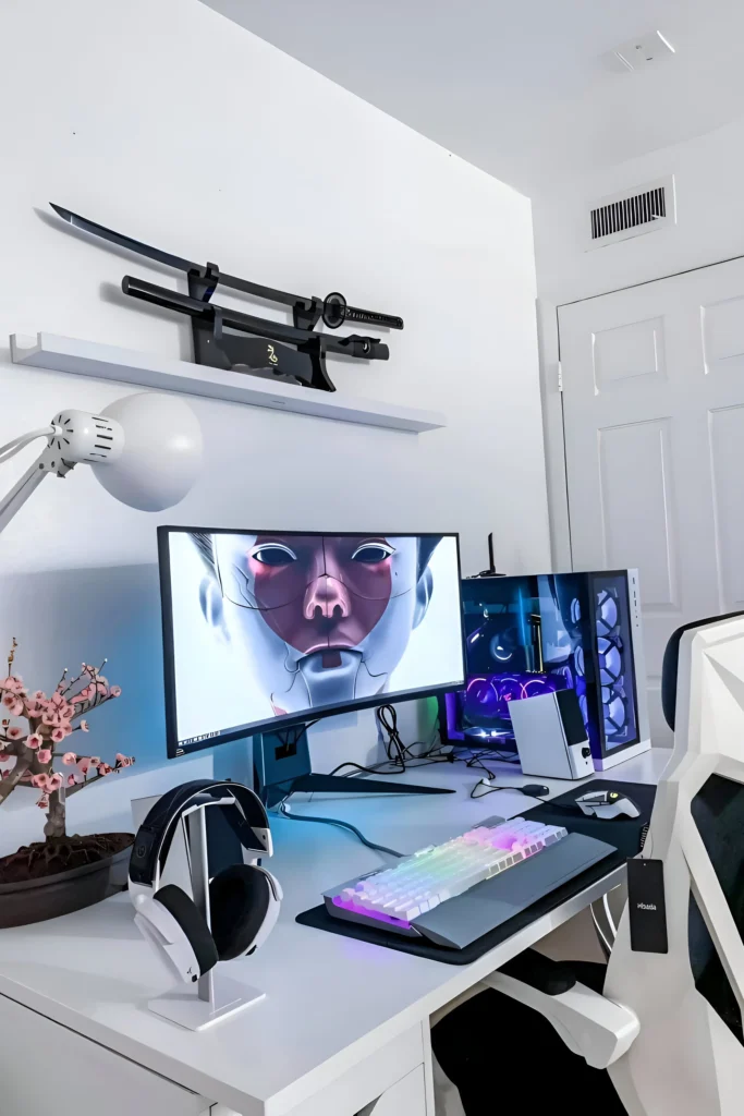 White gaming desk setup with a mounted katana, RGB keyboard, curved monitor, LED-lit PC case, and minimalistic design.