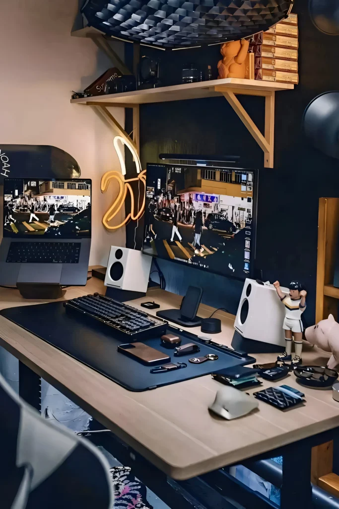 Urban-style workspace with dual monitors, a neon banana light, white speakers, and a minimalist keyboard on a wooden desk.