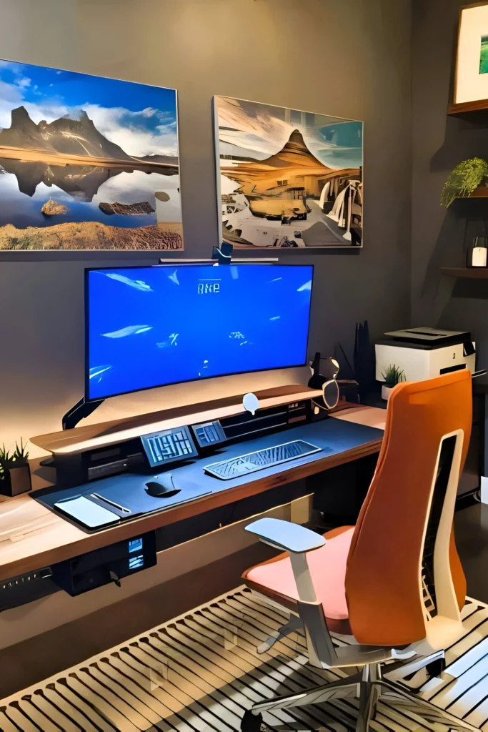 Contemporary desk setup with a curved ultrawide monitor, orange ergonomic chair, and artistic landscape prints on the wall.