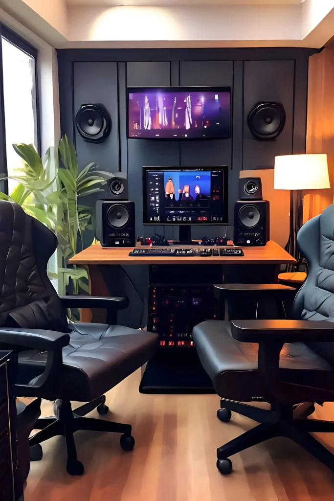 Studio desk setup with dual leather chairs, professional studio monitors, ambient lighting, and a mounted screen in a cozy creative space.