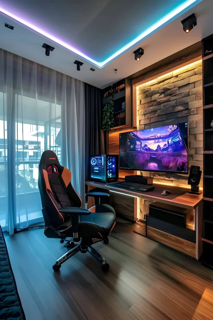 High-end gaming setup featuring ambient LED ceiling lights, a stone accent wall, a premium gaming chair, and a custom-built PC.