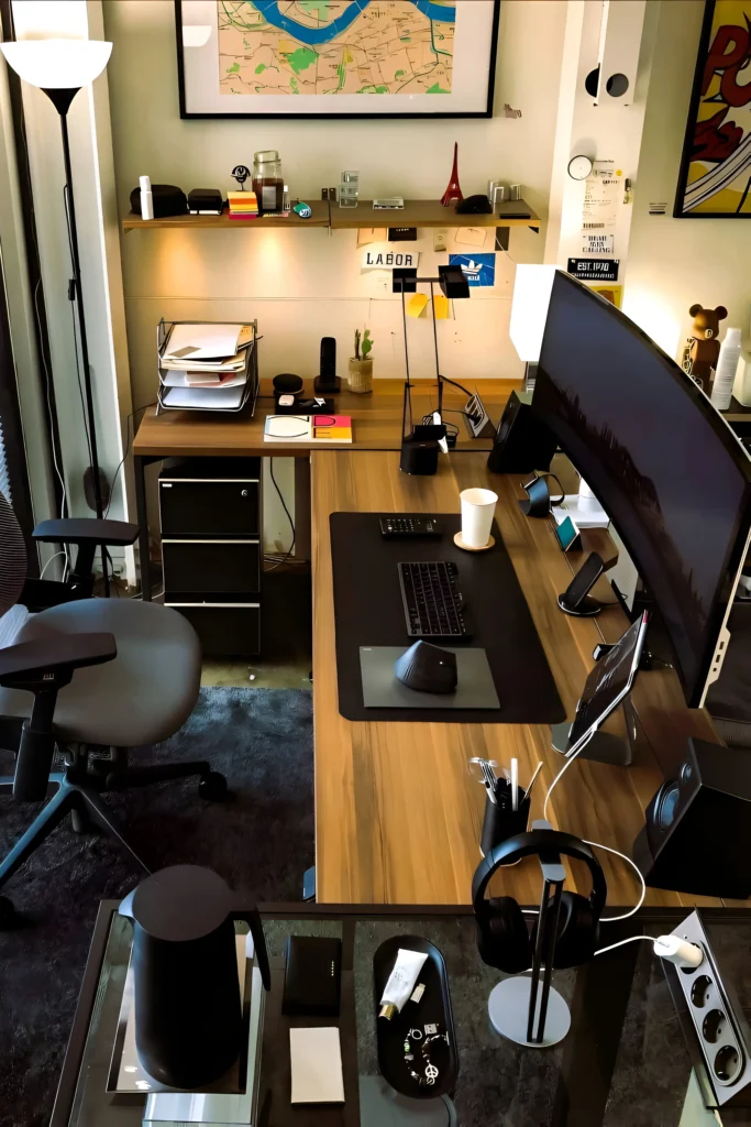 Ergonomic desk setup with a curved monitor, modern office chair, overhead shelf, and minimalist desk accessories in a professional setting.