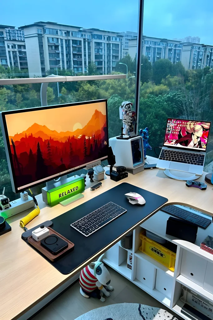 esk setup with a scenic window view, a monitor displaying a mountain landscape, and organized minimalist accessories for a relaxing workspace.