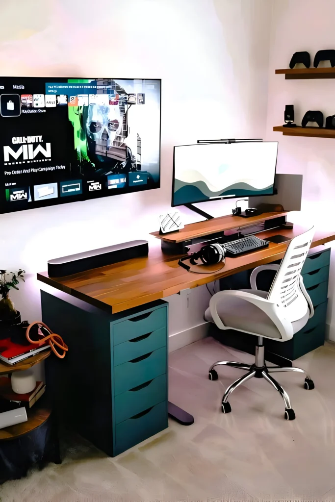 Modern desk setup with teal storage drawers, ultrawide curved monitor, mounted TV, ergonomic white chair, and gaming accessories.