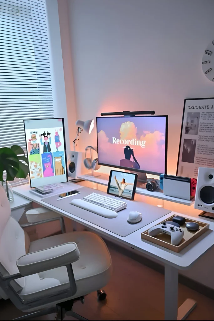 Modern white desk setup with dual monitors, a tablet, gaming accessories, speakers, and an ergonomic chair in a minimalist design.