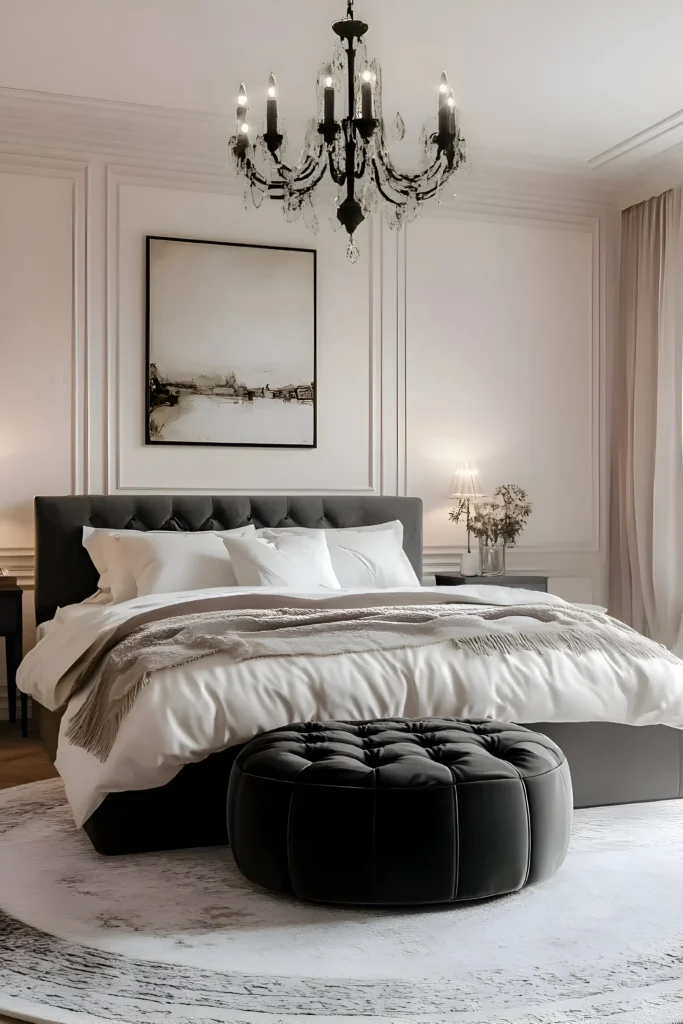 Elegant bedroom with a tufted gray headboard, black chandelier, white bedding, and a round tufted ottoman.