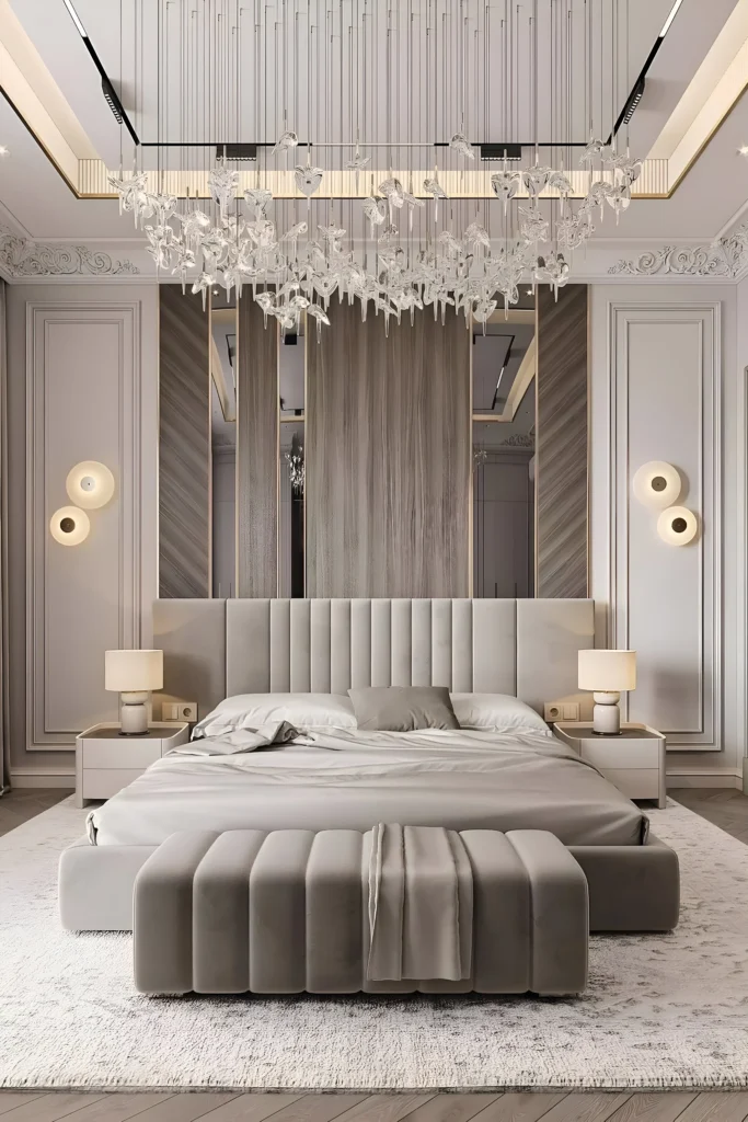 Elegant bedroom with a crystal chandelier, tufted headboard, mirror paneling, and modern lighting fixtures.