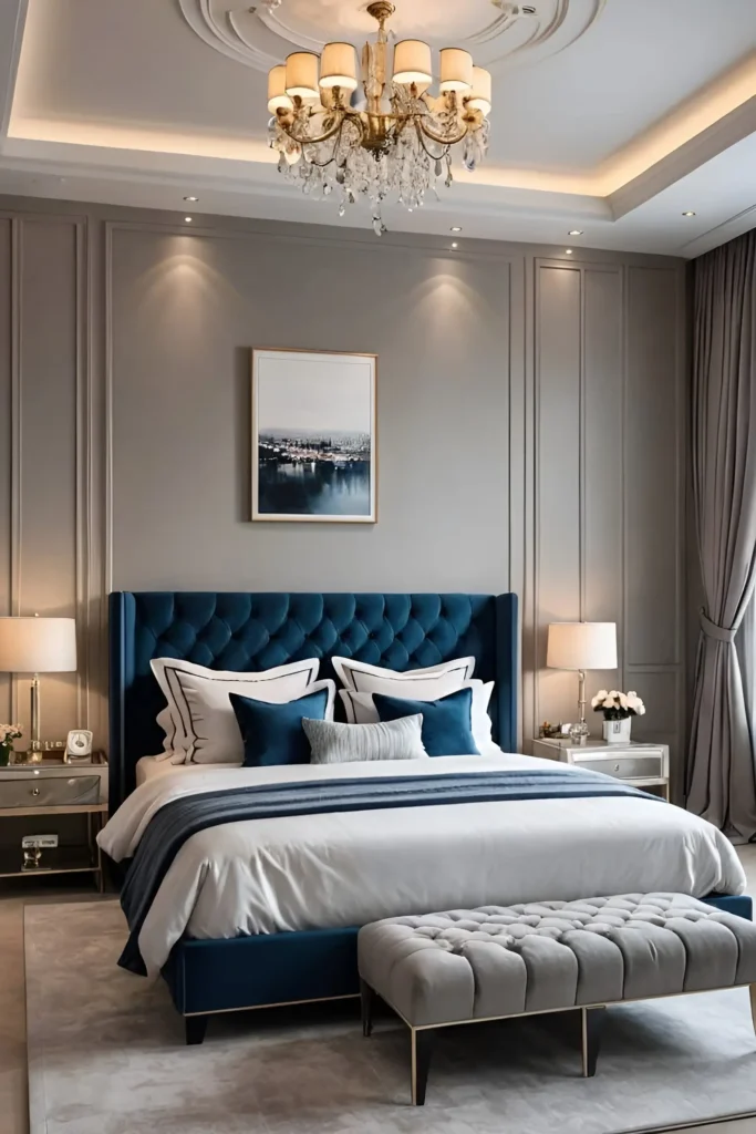 Elegant bedroom with a deep blue tufted headboard, gold chandelier, soft gray walls, and a tufted bench at the foot of the bed.