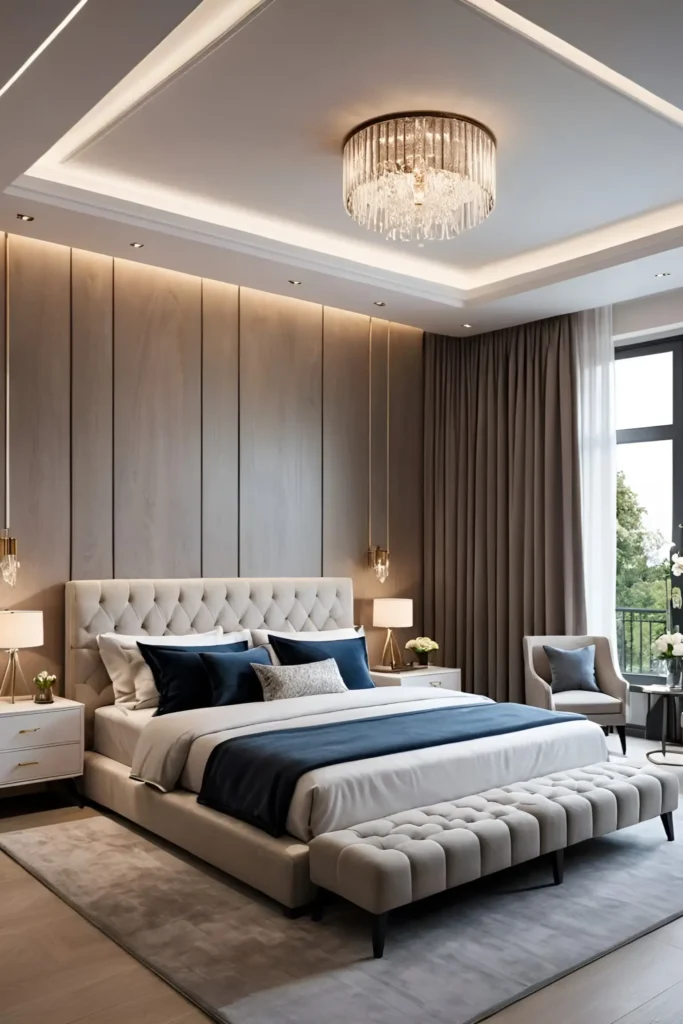 Elegant bedroom with a beige tufted headboard, navy blue bedding accents, crystal chandelier, and floor-to-ceiling drapes.