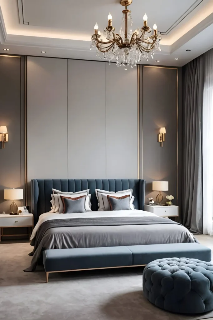 Bedroom with a deep blue headboard, gold accents, and a crystal chandelier.