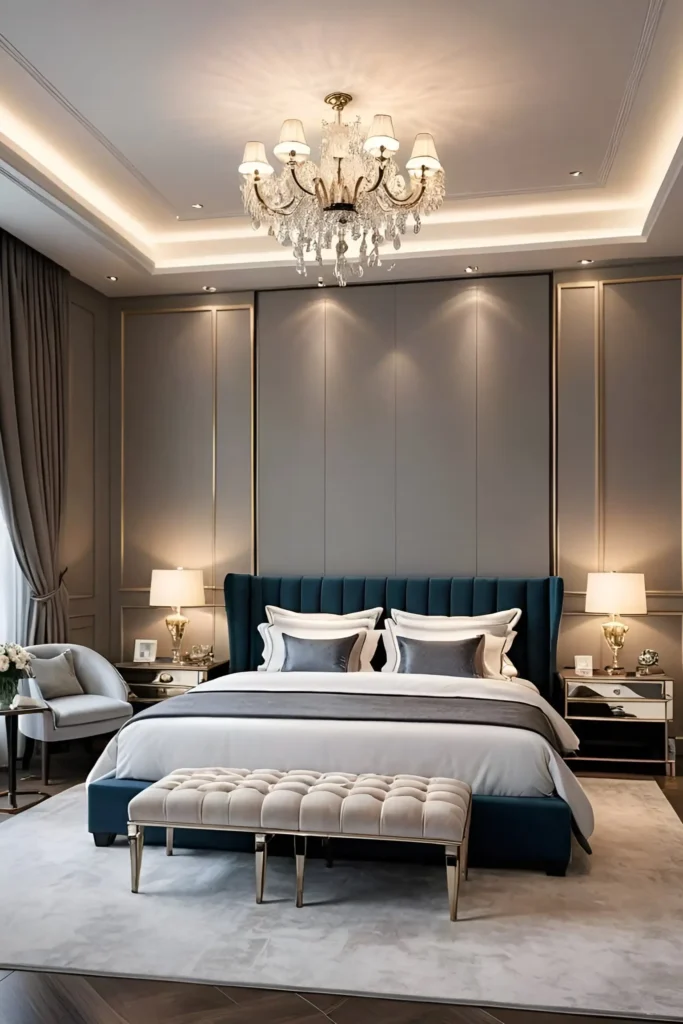 Elegant bedroom with a deep blue tufted headboard, crystal chandelier, and plush tufted bench.