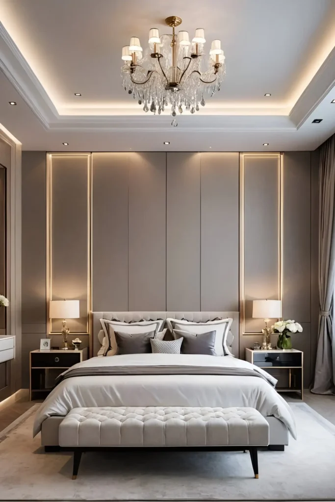 Elegant bedroom design featuring a neutral color palette, tufted bench, vertical lighting on wall panels, crisp tailored bed linens, and a glamorous chandelier.