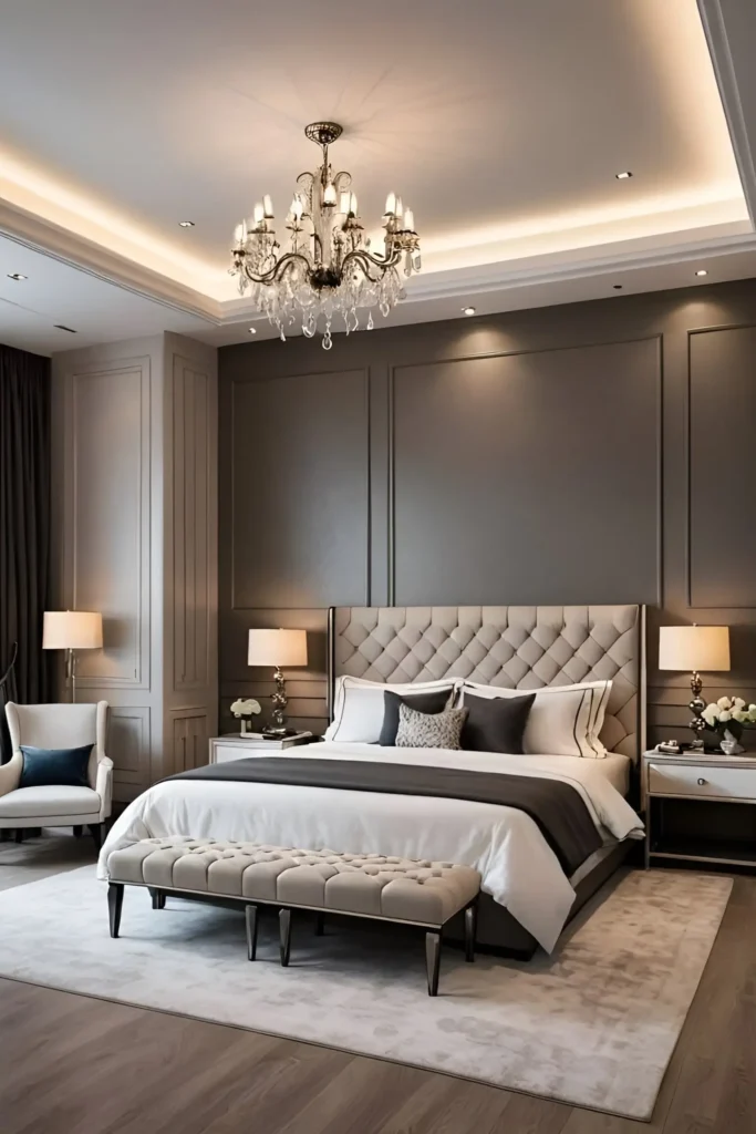 Elegant bedroom with a quilted headboard, crystal chandelier, neutral tones, and soft lighting creating a sophisticated and relaxing atmosphere.