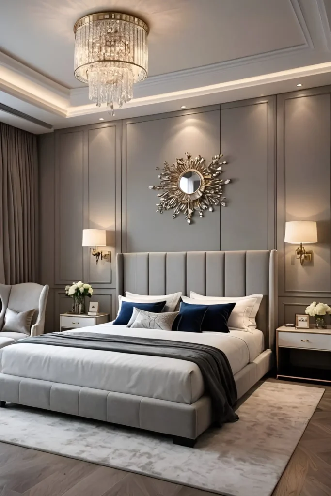 Elegant bedroom featuring a sunburst mirror, paneled walls, upholstered bed with navy accent pillows, and a crystal chandelier for a luxurious ambiance.