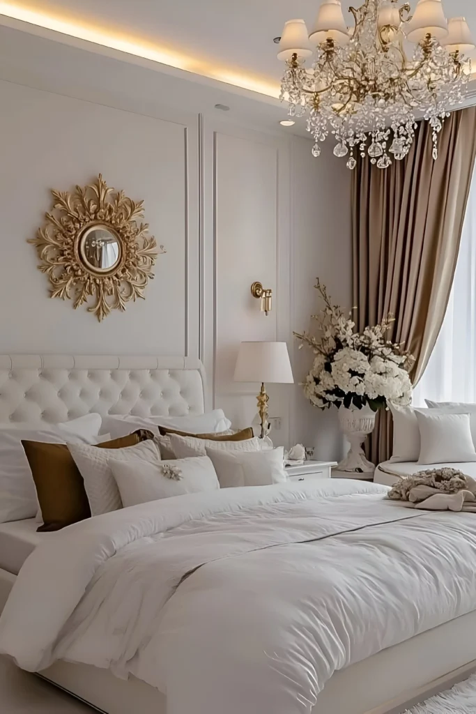 Elegant bedroom featuring a gold-accented sunburst mirror, tufted white headboard, luxurious white linens, and a crystal chandelier for a regal ambiance.