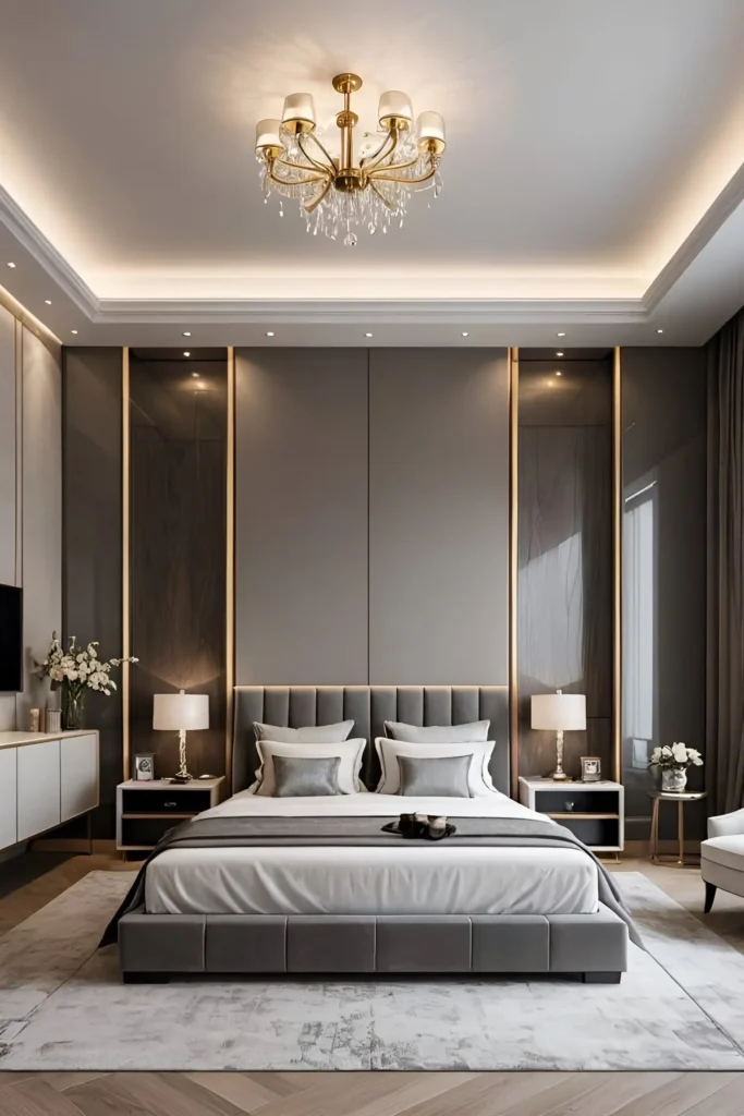 Modern bedroom featuring gold-accented paneling, an upholstered bed with crisp white linens, and elegant bedside lamps for a refined, luxurious appeal.