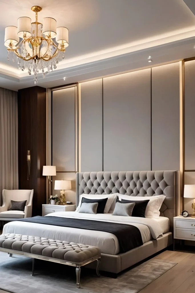 Elegant bedroom featuring a tufted headboard, gold-accented paneling, a cozy armchair, and a plush bench at the foot of the bed.