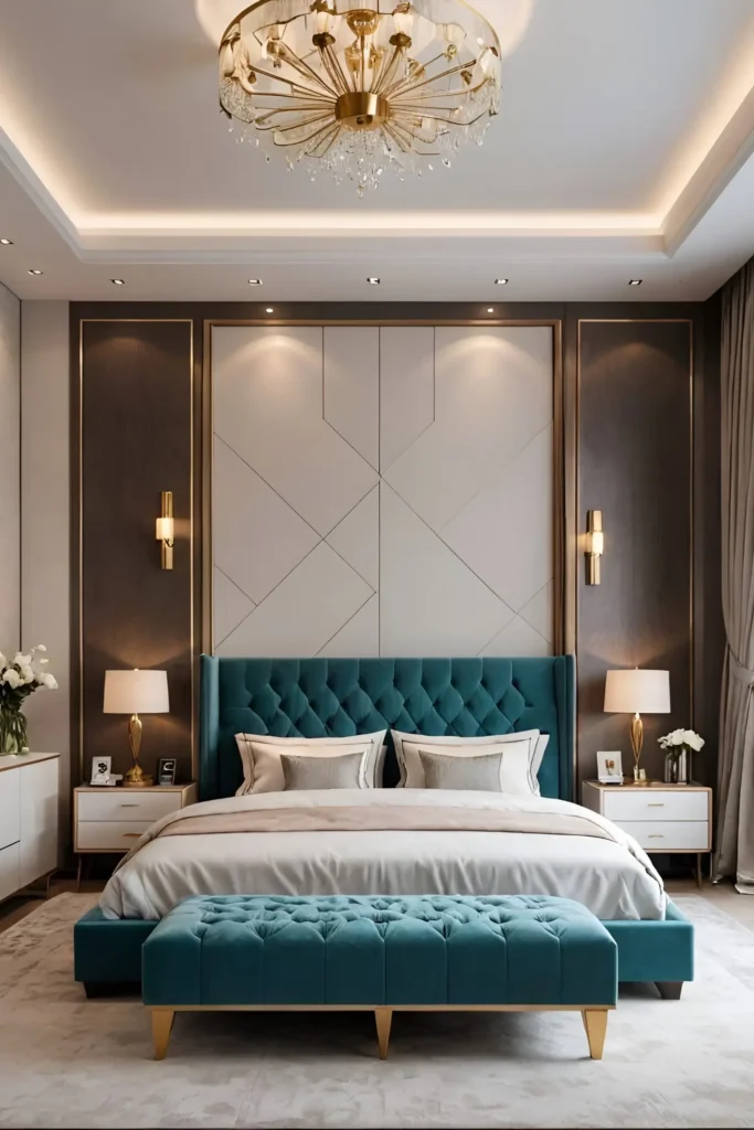 Elegant bedroom with teal tufted headboard, geometric wall panels, gold accents, and warm lighting creating a sophisticated and vibrant ambiance.