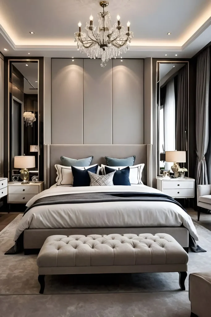 Elegant bedroom with neutral tones, navy accents, tufted bench, mirrored panels, and crystal chandelier enhancing the luxurious ambiance.