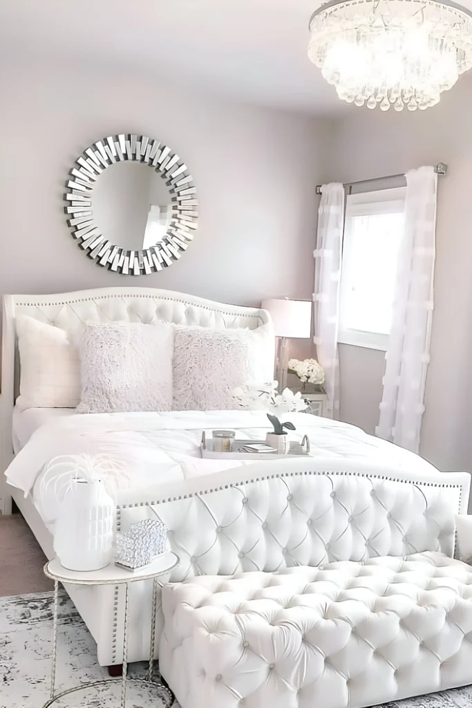 White bedroom featuring a tufted bedframe and bench, round decorative mirror, crystal chandelier, and soft curtains for a serene, glamorous feel.