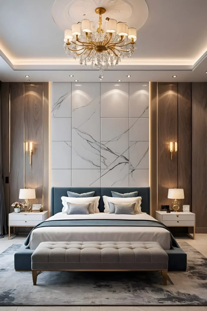 Elegant bedroom featuring a marble-inspired feature wall, blue upholstered bed, tufted bench, and gold-accented decor with warm lighting.