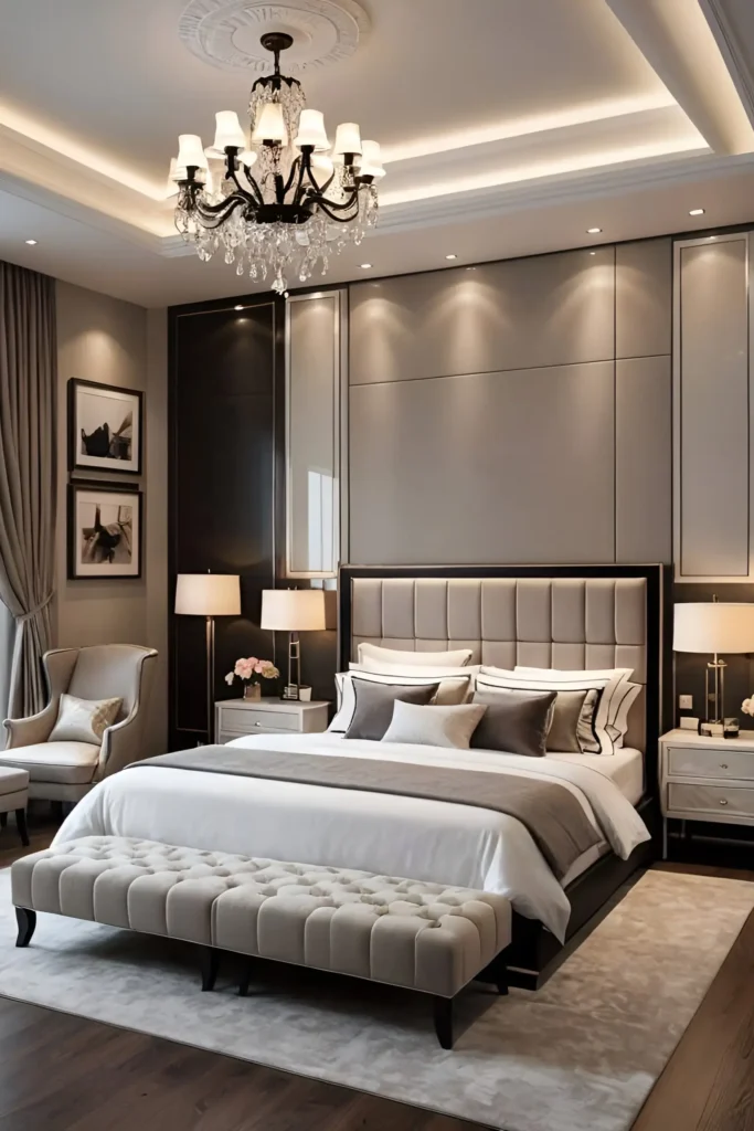 Neutral and black-themed bedroom with tufted bench, padded headboard, crystal chandelier, and balanced lighting for a timeless design.