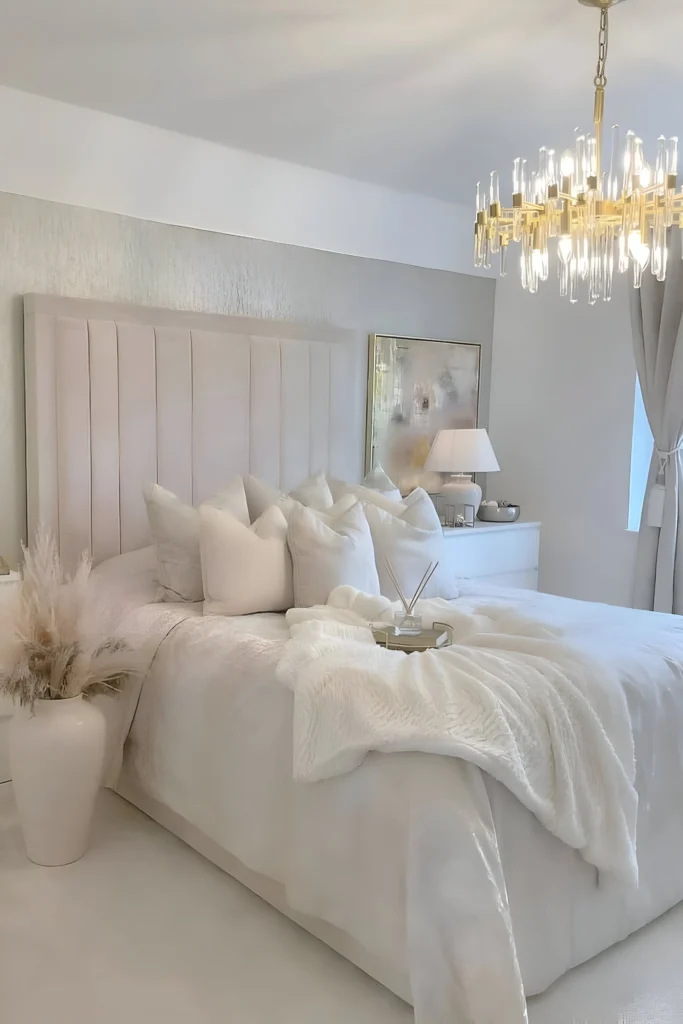 Soft white bedroom with padded headboard, golden chandelier, pampas grass decor, and layered bedding for a serene and elegant ambiance.