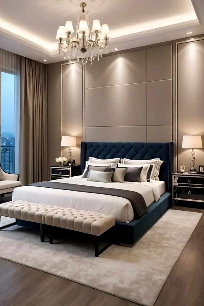 Elegant bedroom with navy tufted headboard, crystal chandelier, tufted bench, and mirrored nightstands for a timeless design.