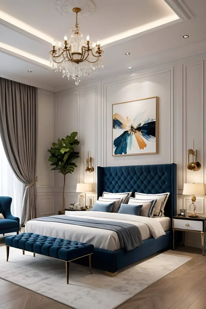 Elegant bedroom with navy tufted headboard, gold accents, crystal chandelier, and abstract wall art for a modern glamour design.