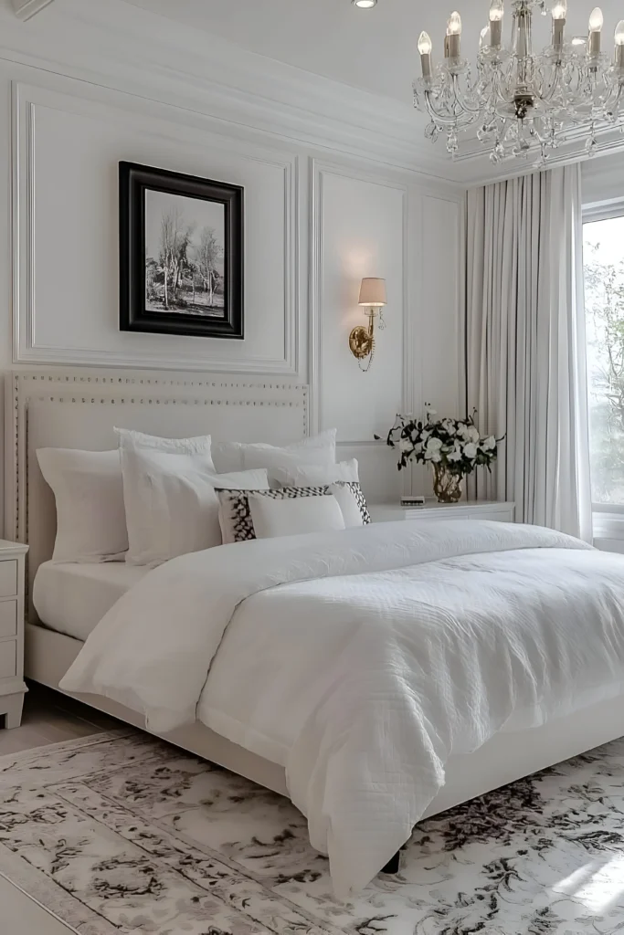 Elegant white bedroom with a crystal chandelier, gold wall sconces, detailed rug, and black-framed artwork for a timeless design.