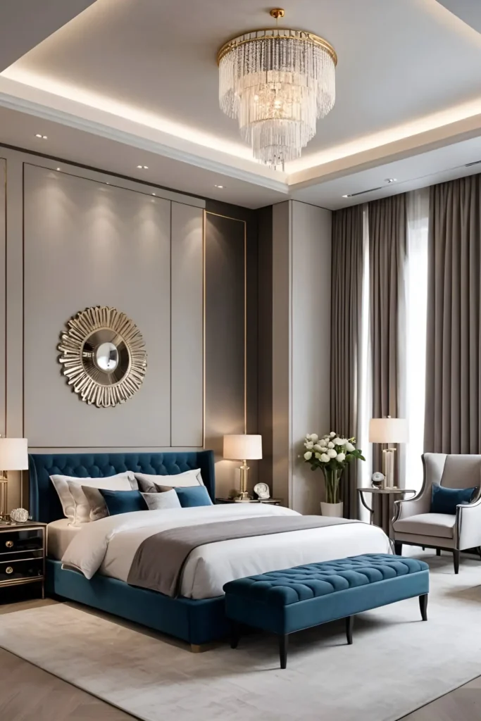 Elegant bedroom with navy tufted bed, crystal chandelier, gold sunburst mirror, and metallic accents for a sophisticated look.