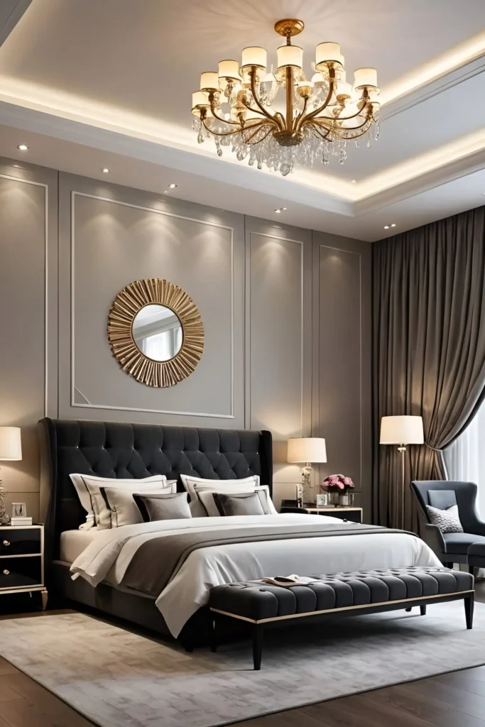 Elegant bedroom with a tufted black bed, gold sunburst mirror, crystal chandelier, and bold dark accents for a sophisticated ambiance.