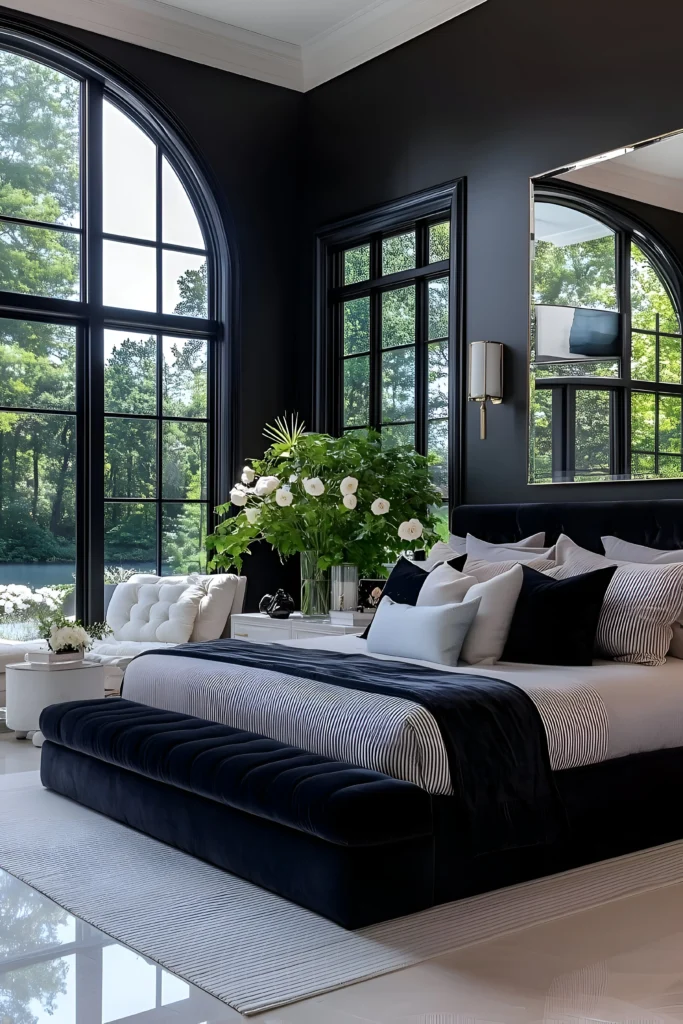 Contemporary bedroom featuring black walls, large windows with scenic outdoor views, a navy bed, white furniture, and lush greenery.