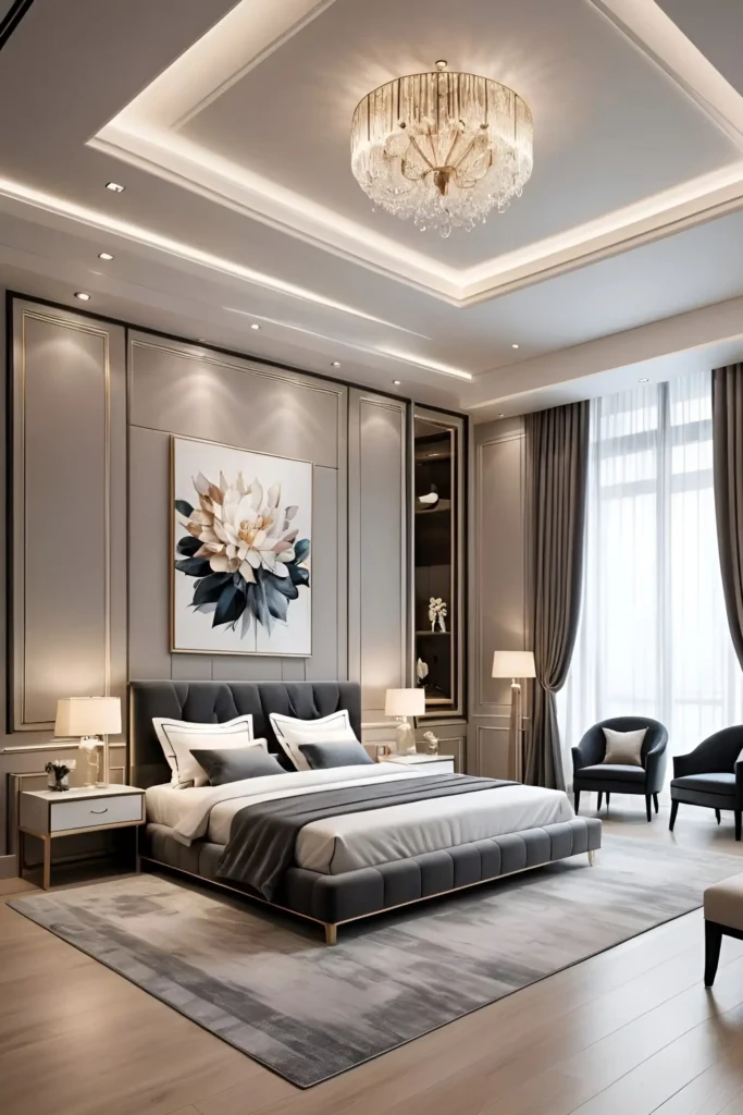 Elegant bedroom design with gray and white tones, tufted bed, floral wall art, crystal chandelier, and plush seating.