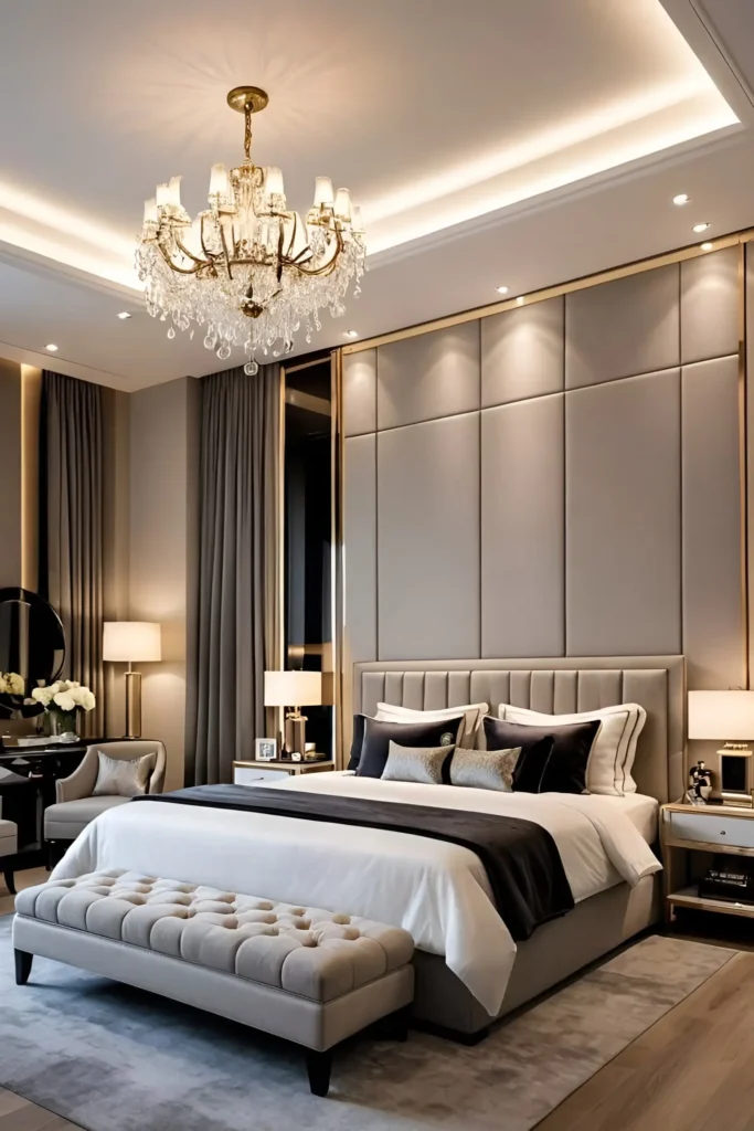 Luxurious bedroom with tall upholstered headboard, tufted bench, crystal chandelier, and metallic accents in a neutral color scheme.