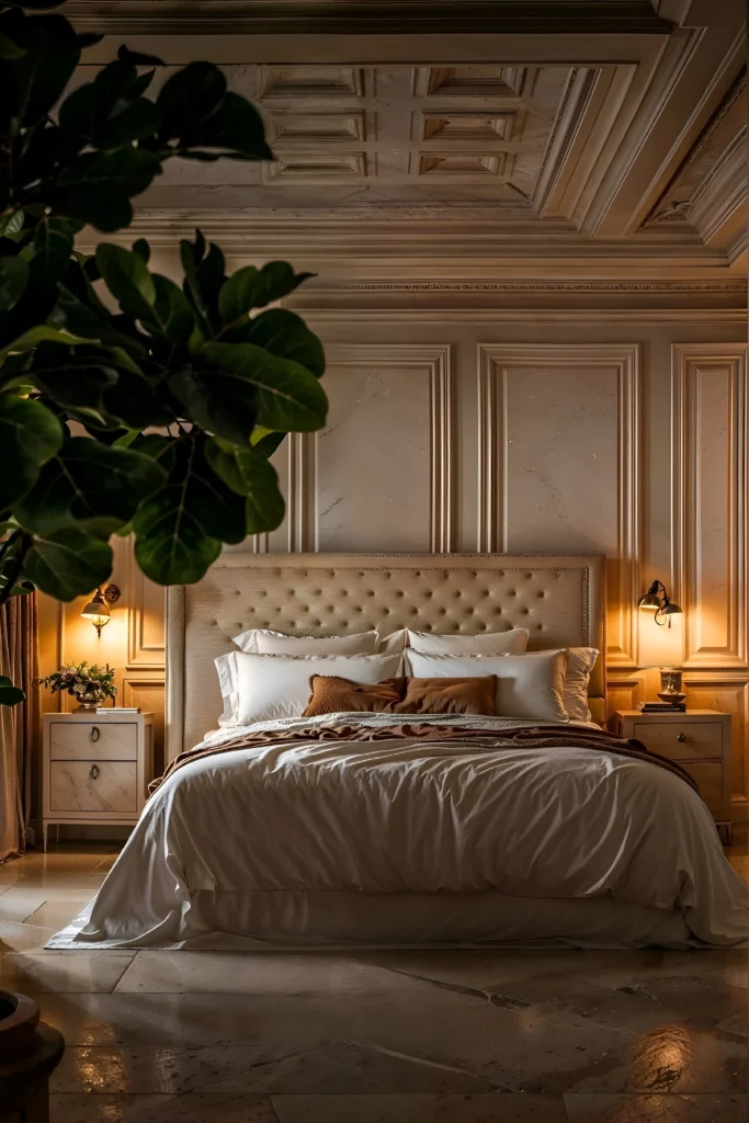 Classic bedroom with tufted headboard, wall paneling, warm lighting, earthy decor accents, and lush green plant.