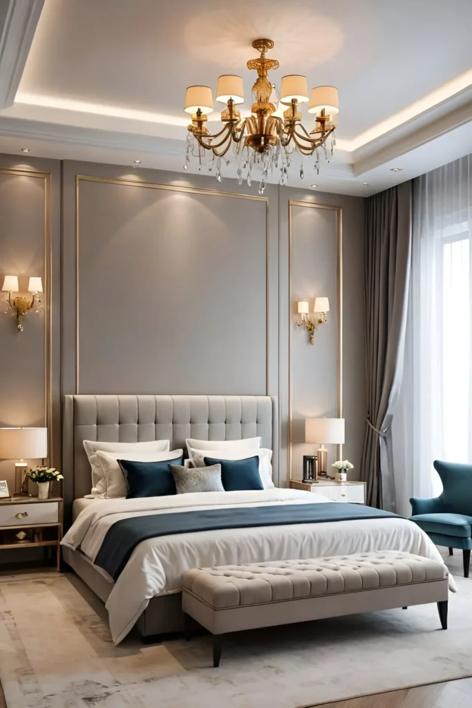 Elegant bedroom with tufted headboard, gold-trimmed wall panels, chandelier, navy accents, and soft gray tones.