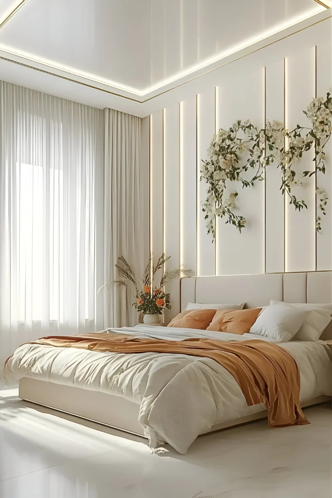 Modern bedroom with vertical wall lighting, orange throw, minimalist design, and floral accents near a large window.