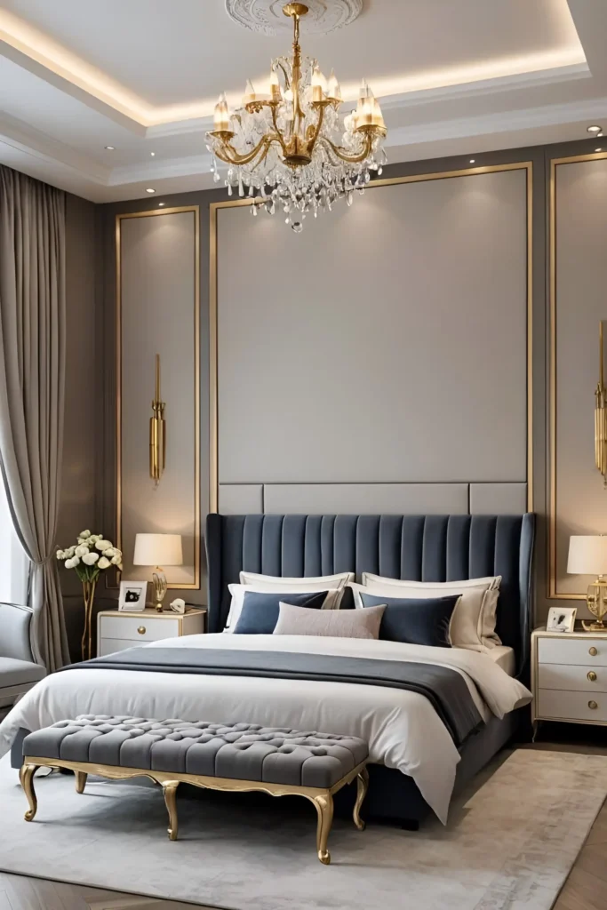 Elegant bedroom with navy headboard, tufted bench with gold legs, and gold-accented wall paneling.