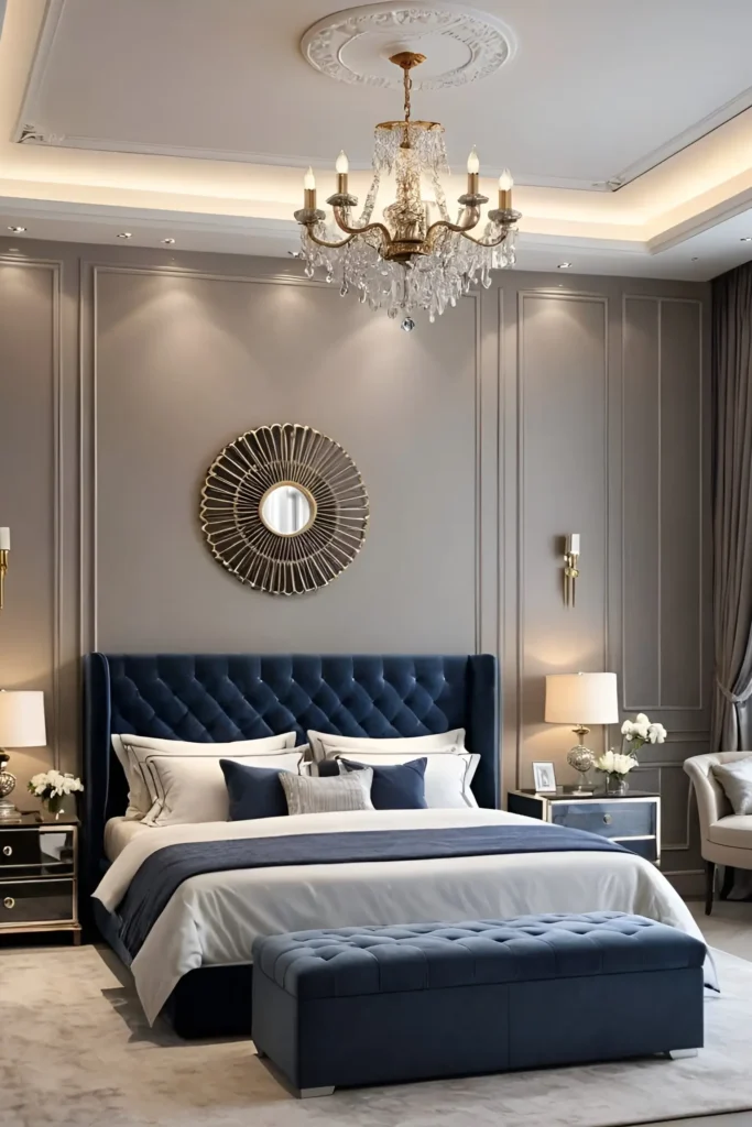 Luxurious bedroom with navy tufted headboard, ottoman, gold mirror, and crystal chandelier.