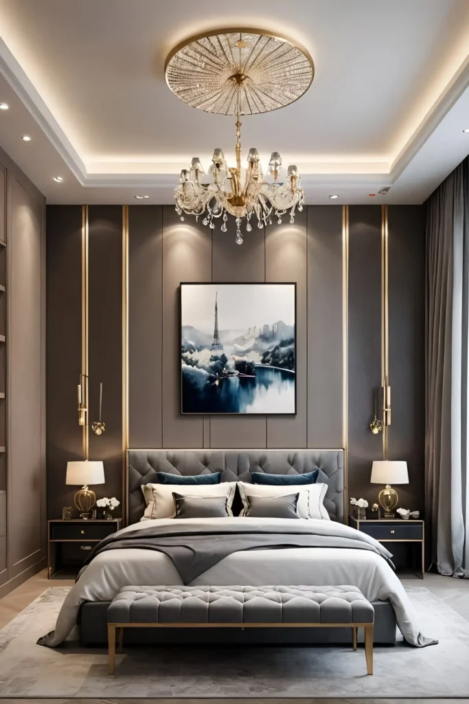 Elegant bedroom with tufted gray headboard, gold accents, Parisian art, and crystal chandelier.