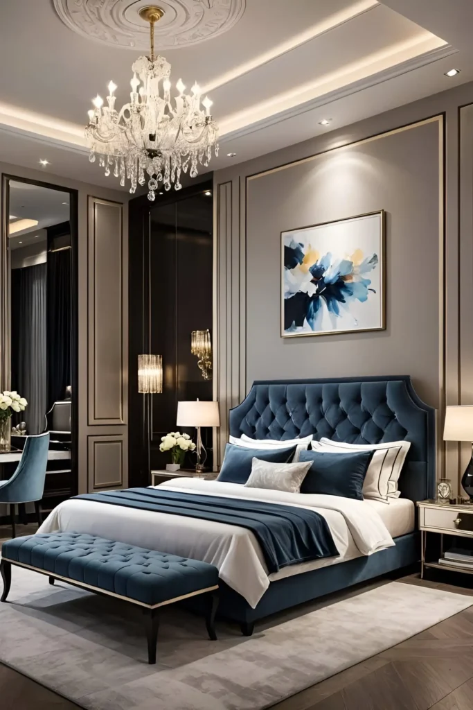 Elegant bedroom with navy tufted headboard, crystal chandelier, abstract art, and mirrored accents.