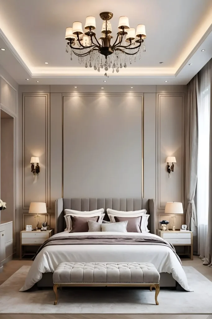 Elegant neutral-toned bedroom with tufted headboard, classic paneling, chandelier, and sconce lighting.