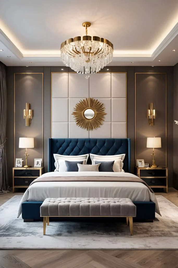 Elegant bedroom with navy tufted headboard, gold accents, chandelier, and starburst mirror centerpiece.

Elegant Bedroom Designs