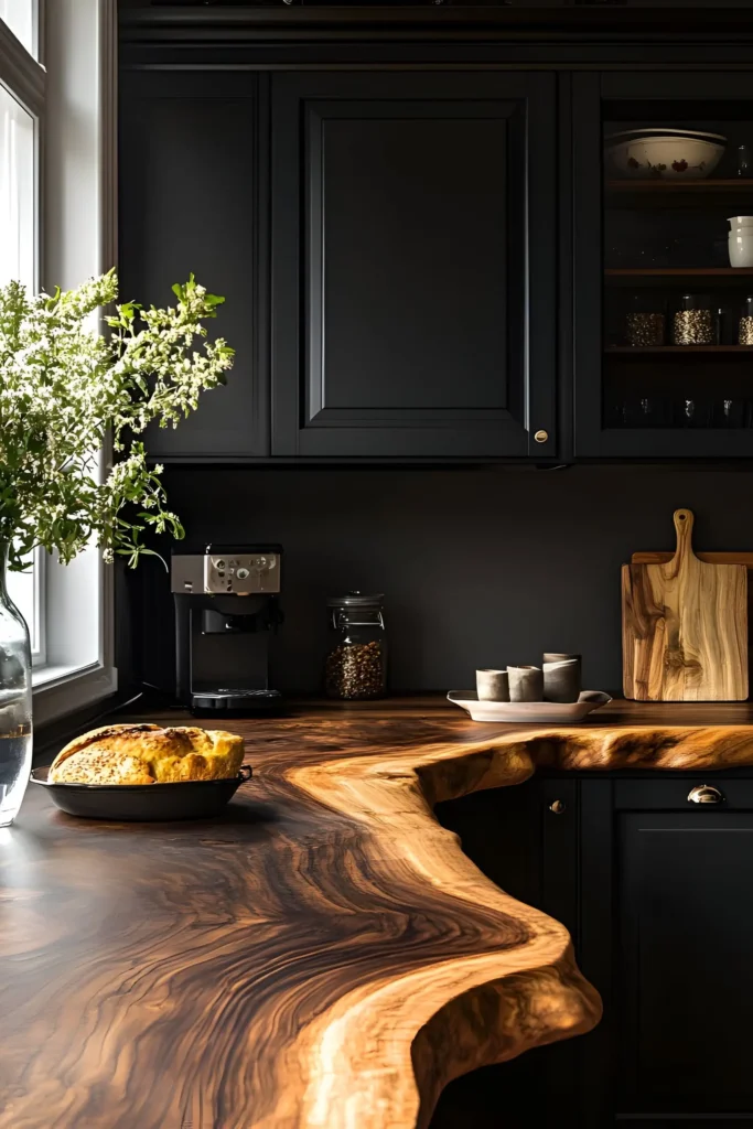 Black kitchen with a live-edge wood countertop, featuring dark cabinets, natural lighting, and minimalist decor with greenery.