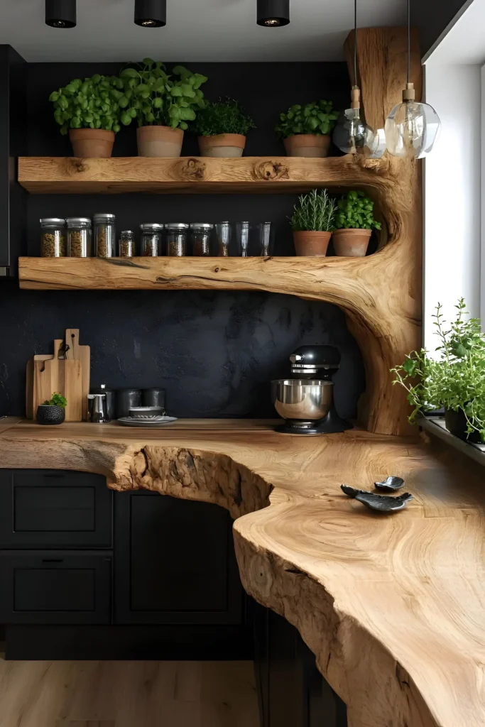 Kitchen with live-edge wood countertops and shelves, featuring potted herbs, black cabinetry, and pendant lighting for a modern-rustic look.