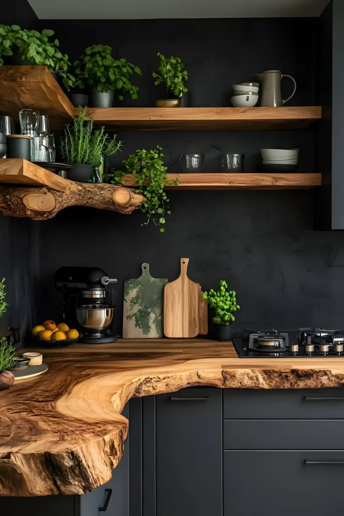 Modern black kitchen featuring live-edge wood countertops and shelves, accented with greenery, dark cabinets, and functional decor elements.